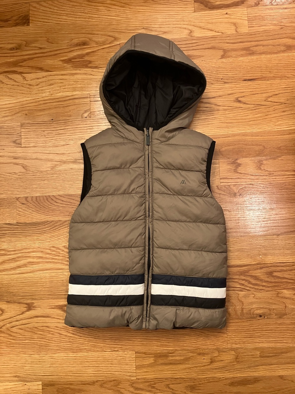 Mayoral Reversible Taupe Hooded Puffer Vest with Black & White Stripes